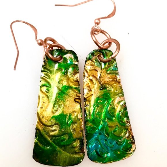Rustic Little  Green Blue Textured Solid Copper Earrings Brutalist Abstract Boho - Picture 4 of 8